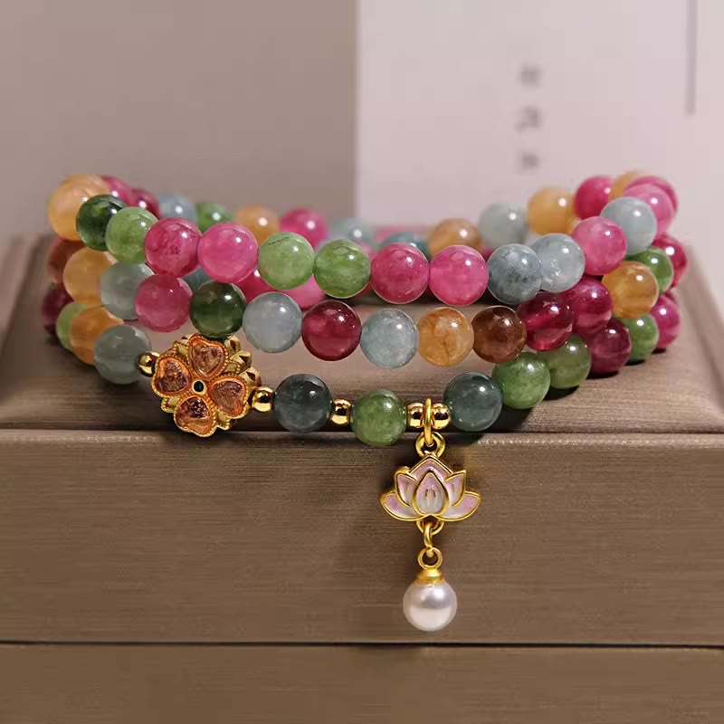 Buddha Stones Rainbow Tourmaline Lotus Wisdom Triple Wrap Beaded Charm Bracelet - image 4