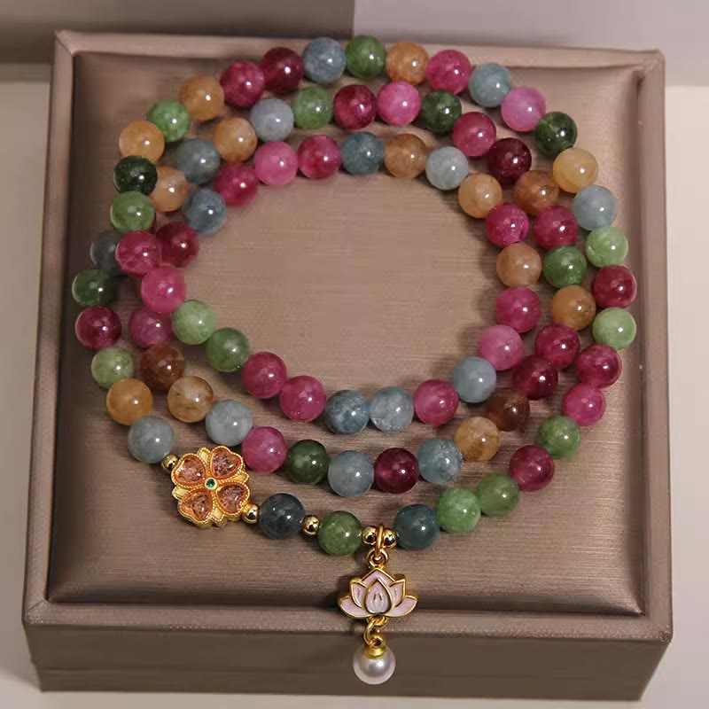 Buddha Stones Rainbow Tourmaline Lotus Wisdom Triple Wrap Beaded Charm Bracelet - image 1
