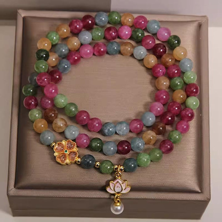 Buddha Stones Rainbow Tourmaline Lotus Wisdom Triple Wrap Beaded Charm Bracelet - image 1