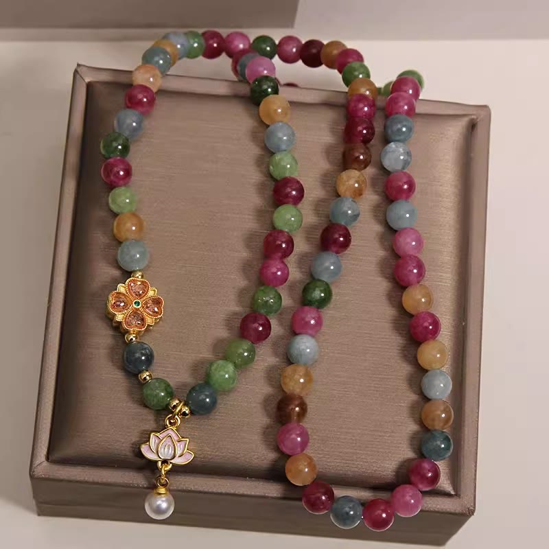 Buddha Stones Rainbow Tourmaline Lotus Wisdom Triple Wrap Beaded Charm Bracelet - image 3