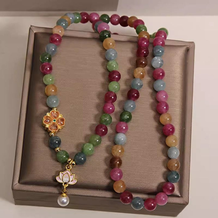 Buddha Stones Rainbow Tourmaline Lotus Wisdom Triple Wrap Beaded Charm Bracelet - image 3
