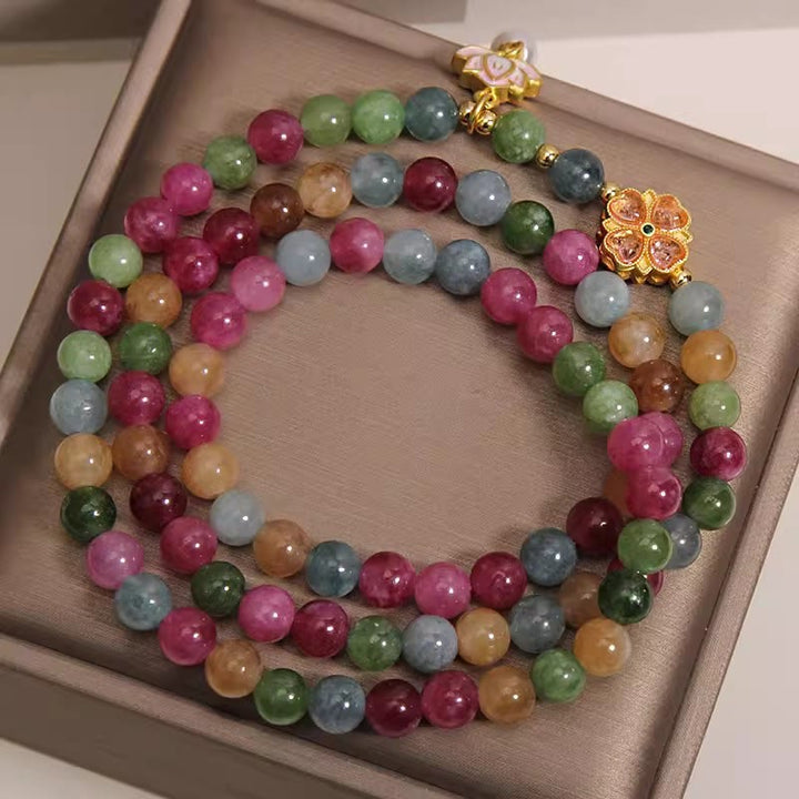 Buddha Stones Rainbow Tourmaline Lotus Wisdom Triple Wrap Beaded Charm Bracelet - image 2