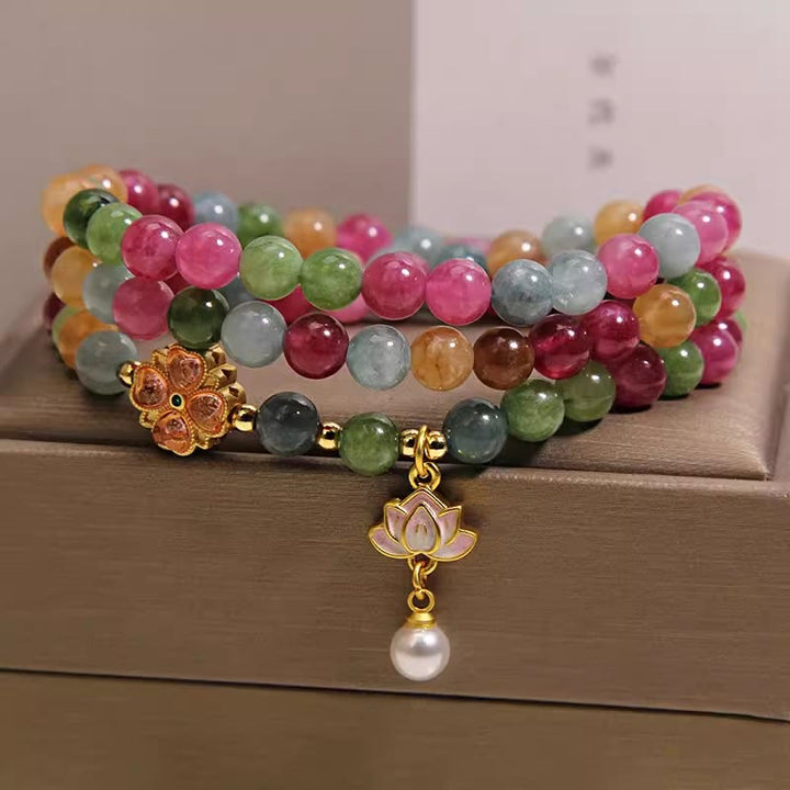 Buddha Stones Rainbow Tourmaline Lotus Wisdom Triple Wrap Beaded Charm Bracelet - Tourmaline(Protection♥Healing) - image 0