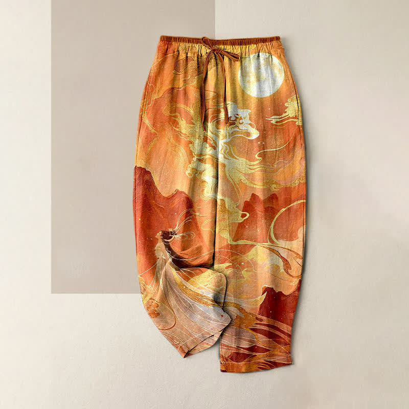 Buddha Stones Pure Cotton Fairy Golden Moon Cloud Landscape Pattern Women's Elastic Waist Pants With Pockets - Orange - US16，UK/AU20，EU48 (3XL) - image 3