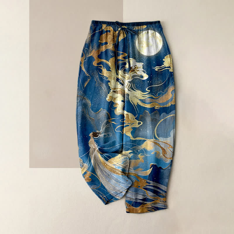 Buddha Stones Pure Cotton Fairy Golden Moon Cloud Landscape Pattern Women's Elastic Waist Pants With Pockets - RoyalBlue - US16，UK/AU20，EU48 (3XL) - image 4