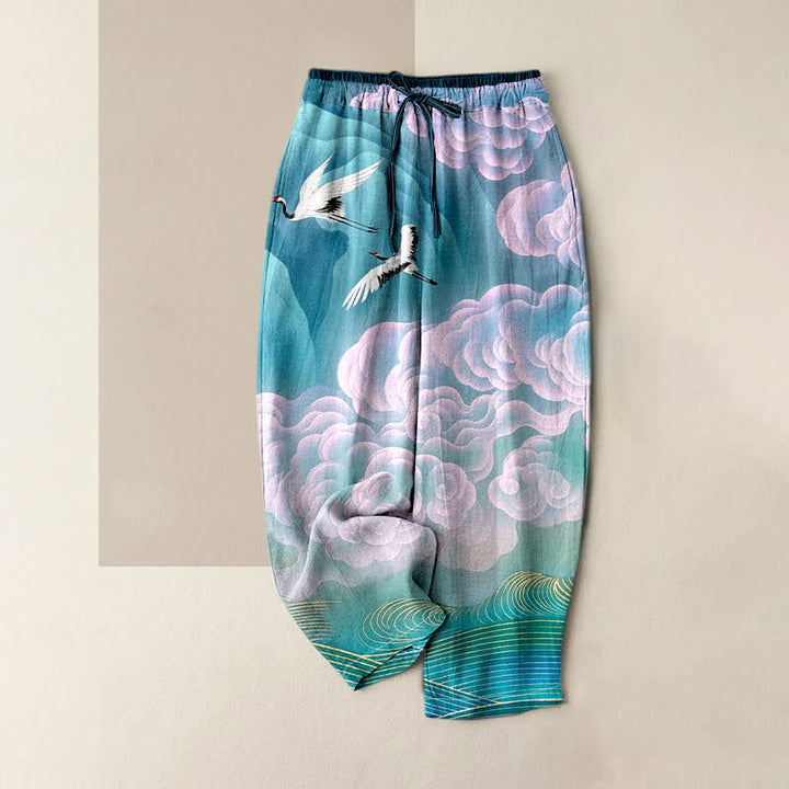 Buddha Stones Pure Cotton Flying Crane Cloud Gradient Pattern Women's Elastic Waist Pants With Pockets - Turquoise - US16，UK/AU20，EU48 (3XL) - image 0