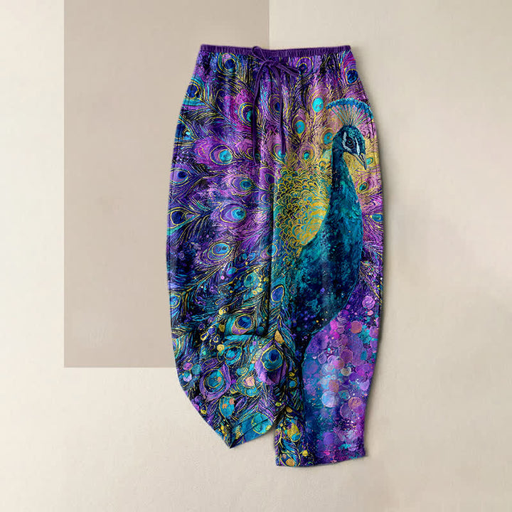 Buddha Stones Pure Cotton Peacock Feather Pattern Women's Elastic Waist Pants With Pockets - BlueViolet - US16，UK/AU20，EU48 (3XL) - image 0