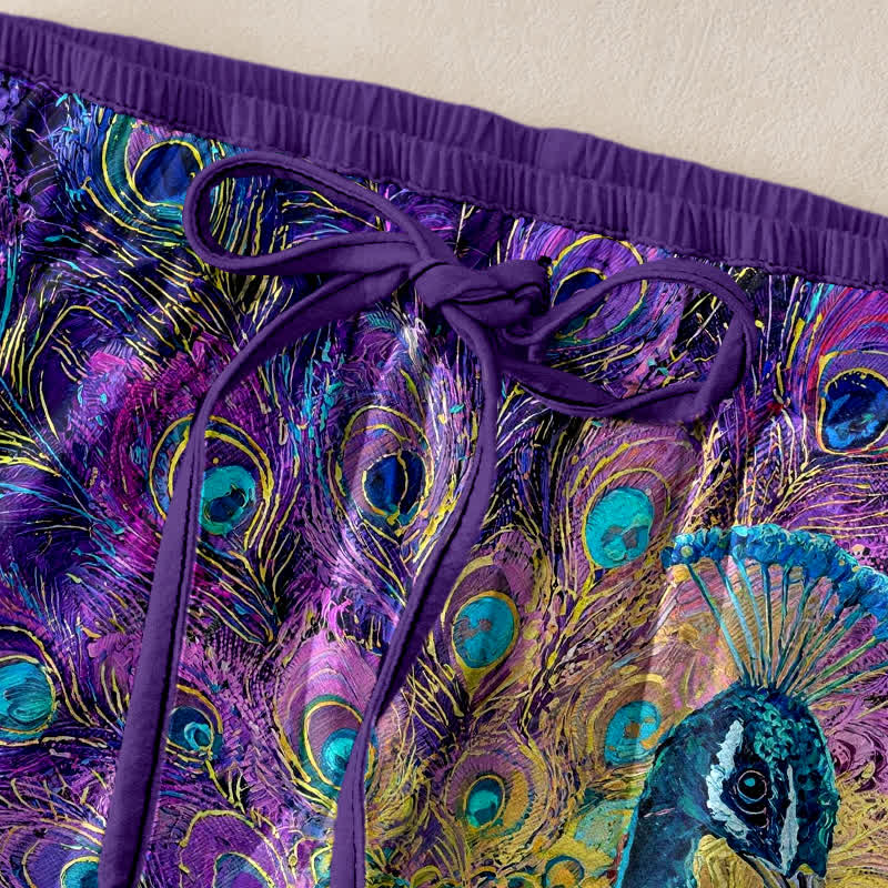 Buddha Stones Pure Cotton Peacock Feather Pattern Women's Elastic Waist Pants With Pockets - image 2