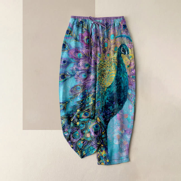 Buddha Stones Pure Cotton Peacock Feather Pattern Women's Elastic Waist Pants With Pockets - LightSkyBlue - US16，UK/AU20，EU48 (3XL) - image 4