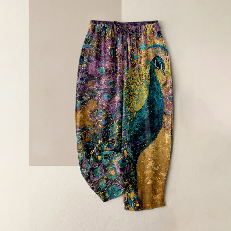 Buddha Stones Pure Cotton Peacock Feather Pattern Women's Elastic Waist Pants With Pockets - Goldenrod - US16，UK/AU20，EU48 (3XL) - image 5