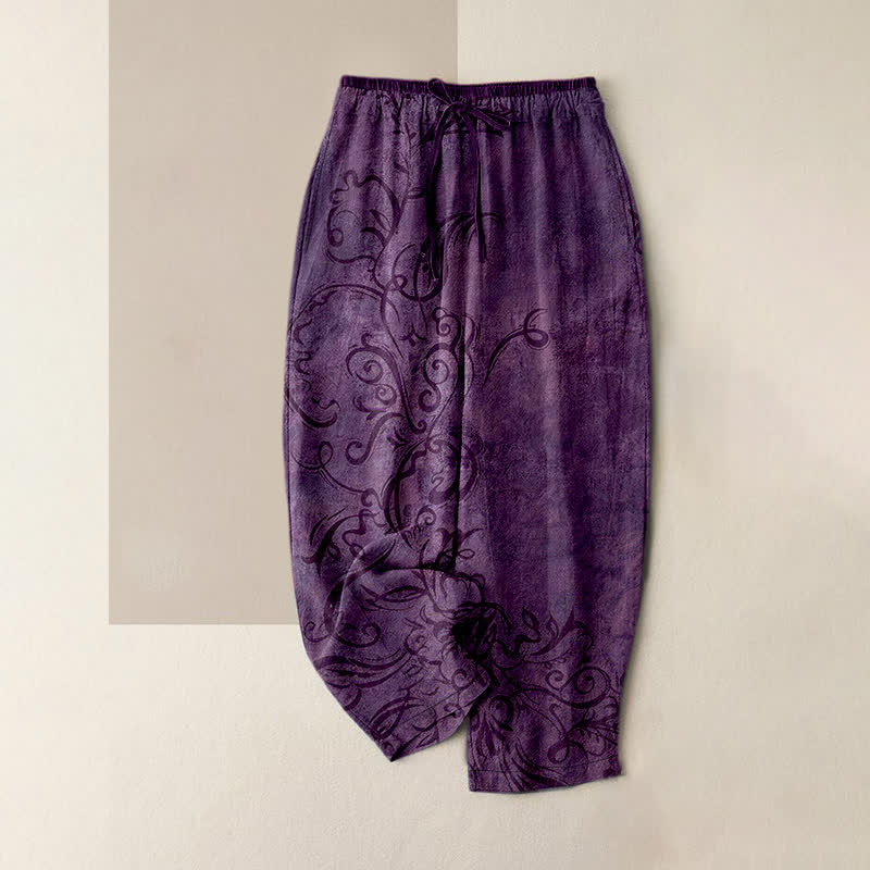 Buddha Stones Cotton Vine Scroll Pattern Women's Elastic Waist Pants With Pockets - Purple - US16，UK/AU20，EU48 (3XL) - image 0