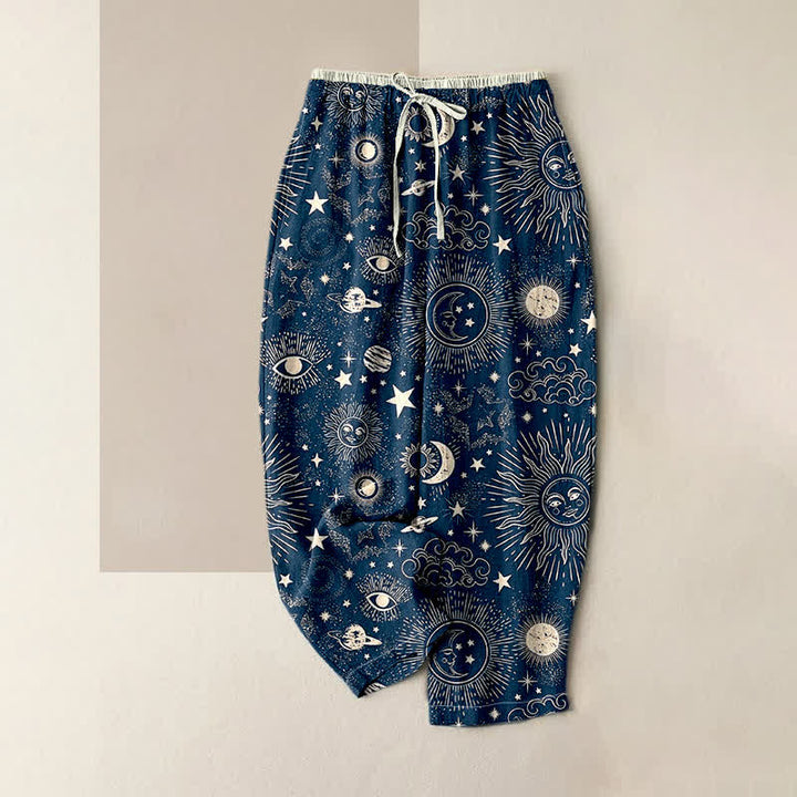 Buddha Stones Pure Cotton Celestial Sun Moon Stars Pattern Women's Elastic Waist Pants With Pockets - Navy - US16，UK/AU20，EU48 (3XL) - image 0