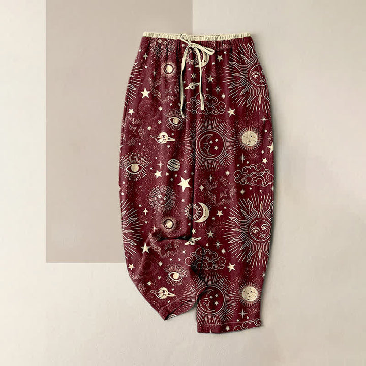 Buddha Stones Pure Cotton Celestial Sun Moon Stars Pattern Women's Elastic Waist Pants With Pockets - DarkRed - US16，UK/AU20，EU48 (3XL) - image 3