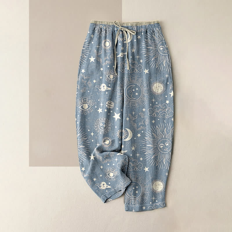 Buddha Stones Pure Cotton Celestial Sun Moon Stars Pattern Women's Elastic Waist Pants With Pockets - LightSteelBlue - US16，UK/AU20，EU48 (3XL) - image 4
