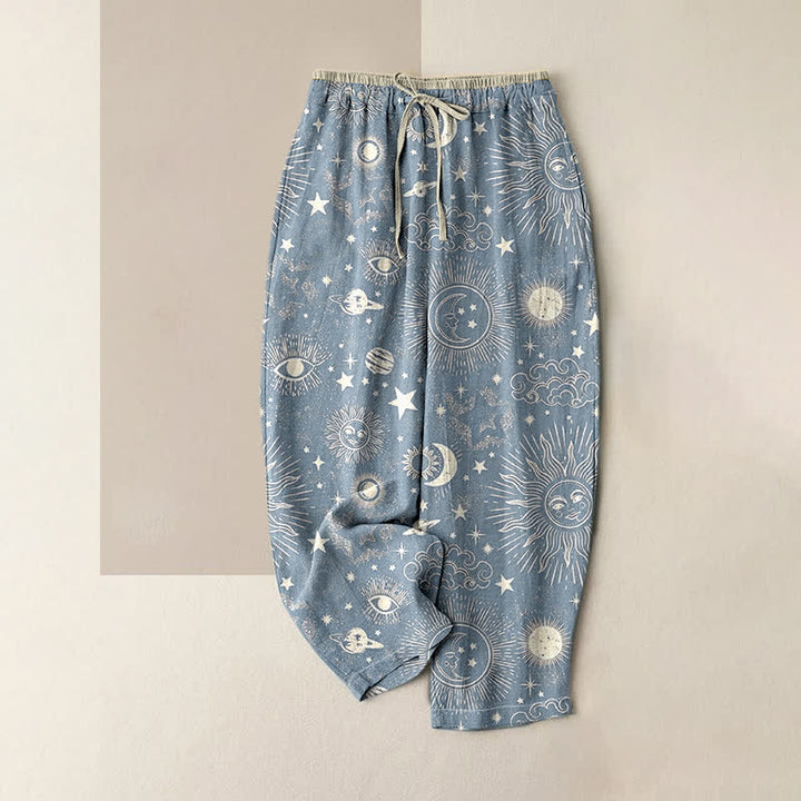 Buddha Stones Pure Cotton Celestial Sun Moon Stars Pattern Women's Elastic Waist Pants With Pockets - LightSteelBlue - US16，UK/AU20，EU48 (3XL) - image 4