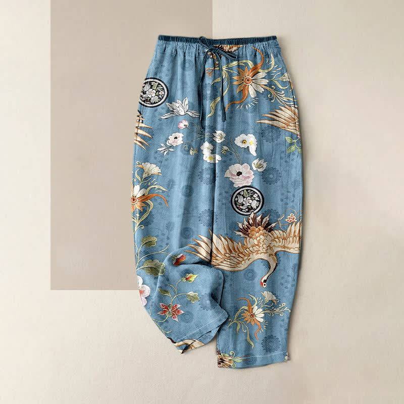 Buddha Stones Pure Cotton White Crane Floral Medallion Pattern Women's Elastic Waist Pants With Pockets - SteelBlue - US16，UK/AU20，EU48 (3XL) - image 4