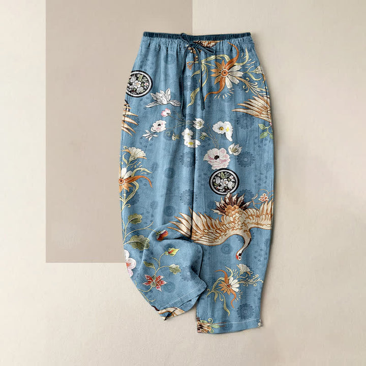 Buddha Stones Pure Cotton White Crane Floral Medallion Pattern Women's Elastic Waist Pants With Pockets - SteelBlue - US16，UK/AU20，EU48 (3XL) - image 4