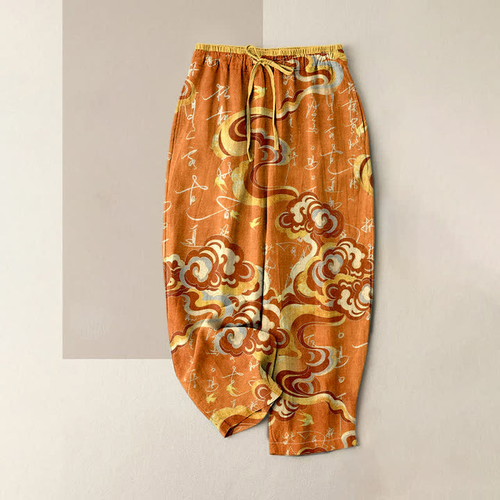 Buddha Stones Pure Cotton Oriental Cloud Calligraphy Pattern Women's Elastic Waist Pants With Pockets - Orange - US16，UK/AU20，EU48 (3XL) - image 4