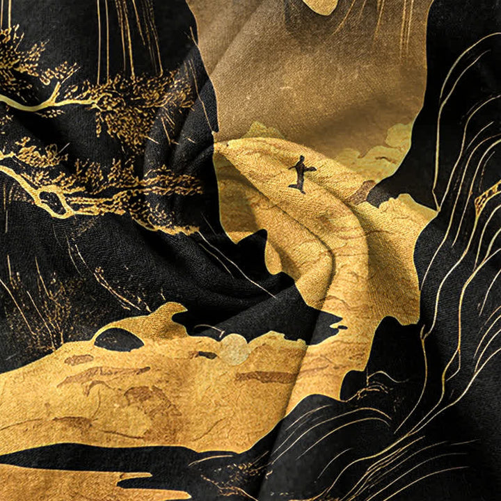 Buddha Stones Cotton Golden Moon Landscape Pattern Men's Short Sleeve Half Button Shirt - image 3