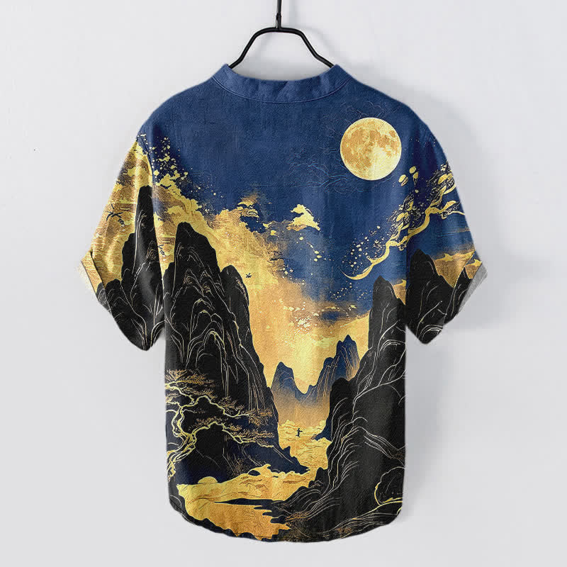 Buddha Stones Cotton Golden Moon Landscape Pattern Men's Short Sleeve Half Button Shirt - image 6
