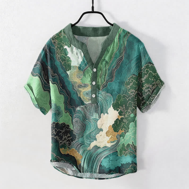 Buddha Stones Cotton Oriental Ink Landscape Pattern Men's Short Sleeve Half Button Shirt - Teal - US/UK/AU50，EU60 (5XL) - image 0