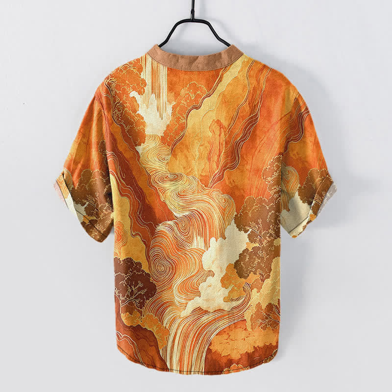 Buddha Stones Cotton Oriental Ink Landscape Pattern Men's Short Sleeve Half Button Shirt - image 6
