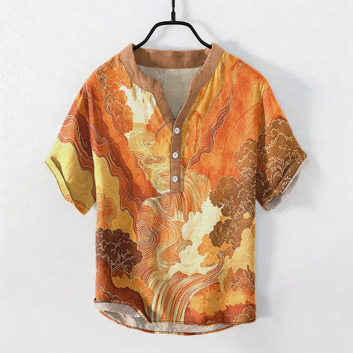 Buddha Stones Cotton Oriental Ink Landscape Pattern Men's Short Sleeve Half Button Shirt - SandyBrown - US/UK/AU50，EU60 (5XL) - image 5
