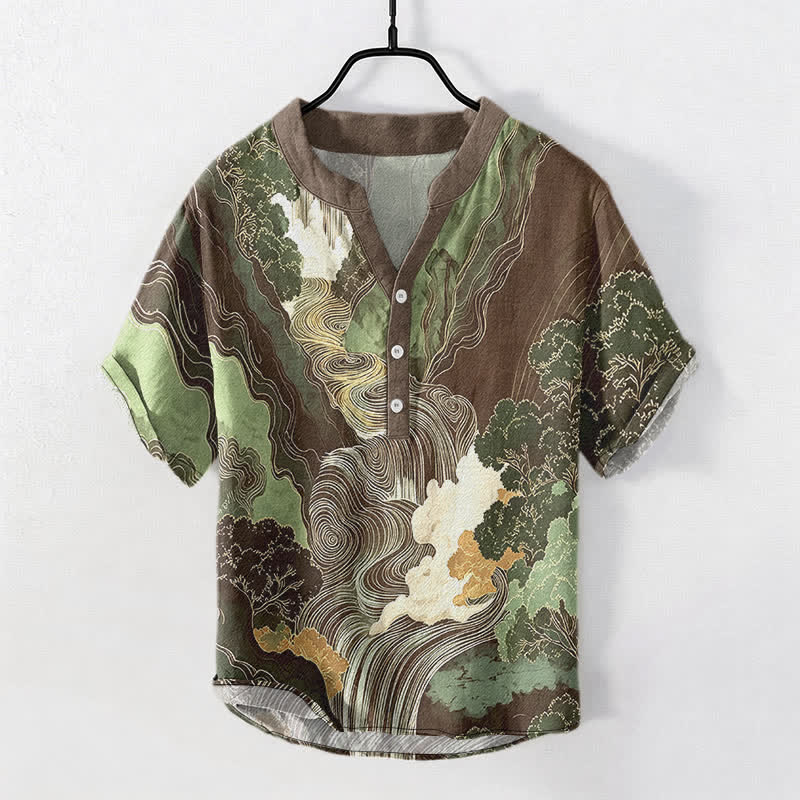 Buddha Stones Cotton Oriental Ink Landscape Pattern Men's Short Sleeve Half Button Shirt - SaddleBrown - US/UK/AU50，EU60 (5XL) - image 7