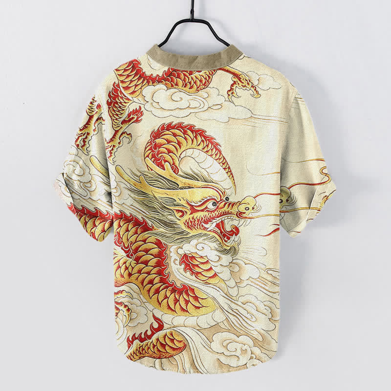 Buddha Stones Cotton Golden Dragon Pattern Men's Short Sleeve Half Button Shirt - image 1