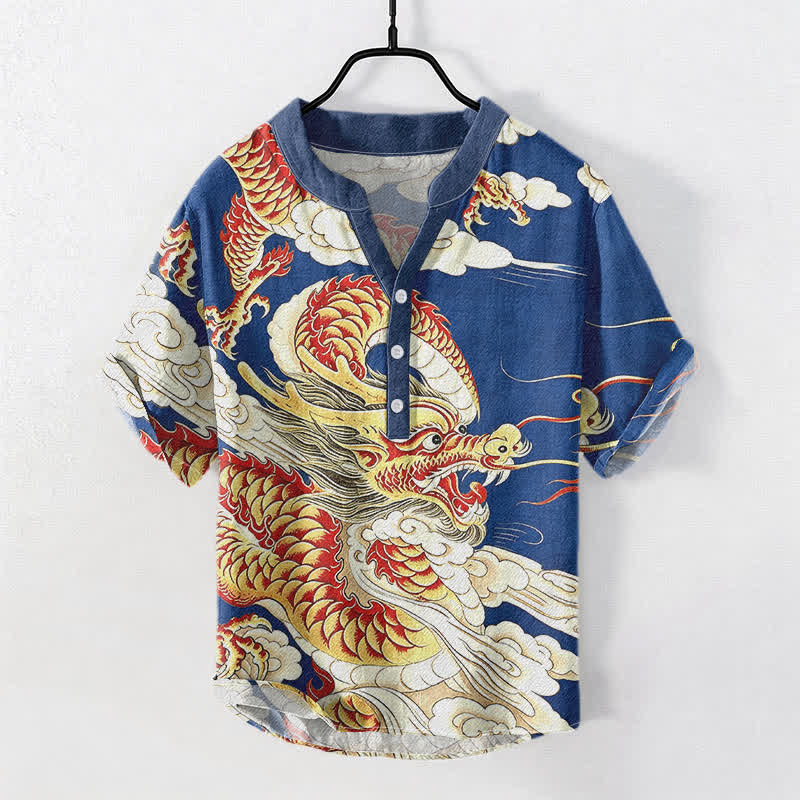 Buddha Stones Cotton Golden Dragon Pattern Men's Short Sleeve Half Button Shirt - RoyalBlue - US/UK/AU50，EU60 (5XL) - image 3