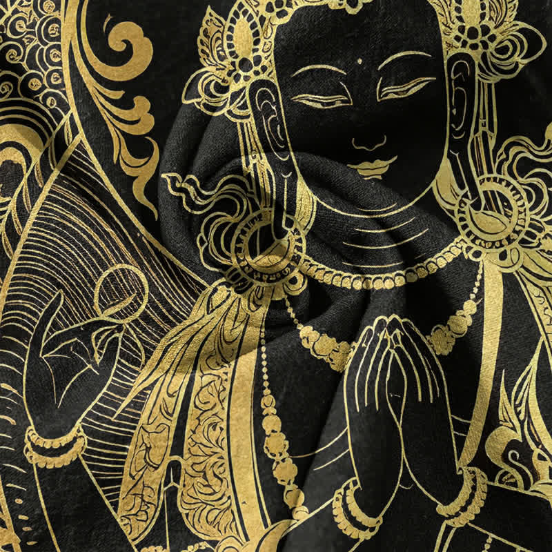 Buddha Stones Cotton Golden Buddha Icon Pattern Men's Short Sleeve Half Button Shirt - image 4