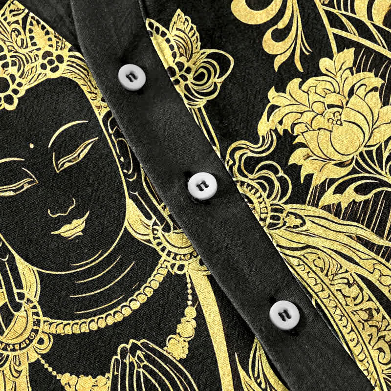Buddha Stones Cotton Golden Buddha Icon Pattern Men's Short Sleeve Half Button Shirt - image 3