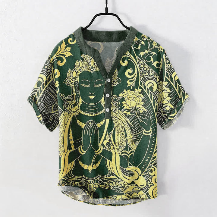Buddha Stones Cotton Golden Buddha Icon Pattern Men's Short Sleeve Half Button Shirt - ForestGreen - US/UK/AU50，EU60 (5XL) - image 5