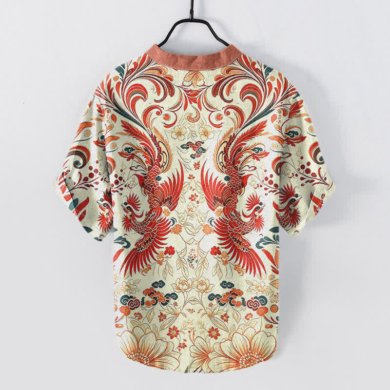 Buddha Stones Cotton Symmetrical Phoenix Floral Pattern Men's Short Sleeve Half Button Shirt - image 1