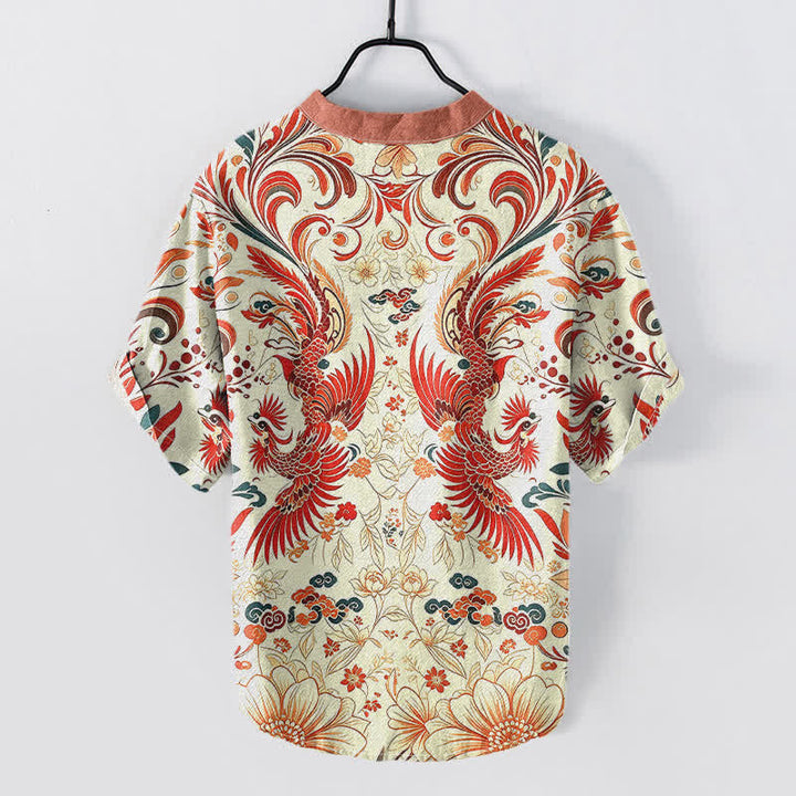 Buddha Stones Cotton Symmetrical Phoenix Floral Pattern Men's Short Sleeve Half Button Shirt - image 1