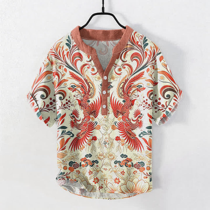 Buddha Stones Cotton Symmetrical Phoenix Floral Pattern Men's Short Sleeve Half Button Shirt - Ivory - US/UK/AU50，EU60 (5XL) - image 0