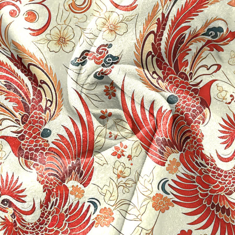 Buddha Stones Cotton Symmetrical Phoenix Floral Pattern Men's Short Sleeve Half Button Shirt - image 2