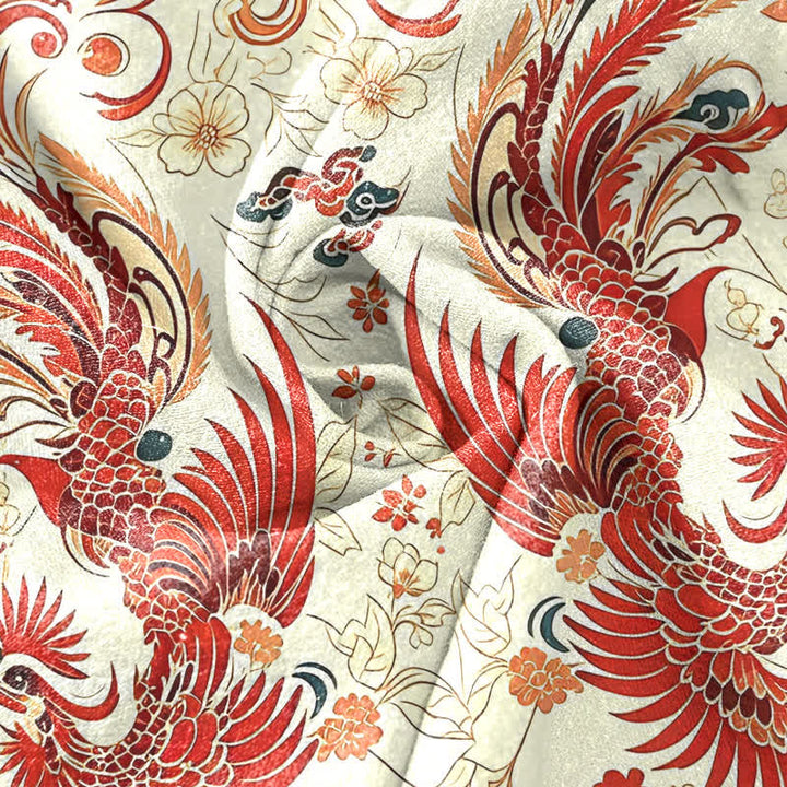 Buddha Stones Cotton Symmetrical Phoenix Floral Pattern Men's Short Sleeve Half Button Shirt - image 2