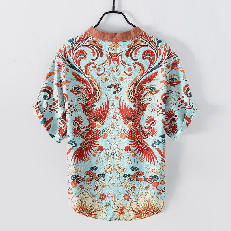Buddha Stones Cotton Symmetrical Phoenix Floral Pattern Men's Short Sleeve Half Button Shirt - image 4