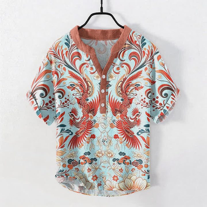 Buddha Stones Cotton Symmetrical Phoenix Floral Pattern Men's Short Sleeve Half Button Shirt - PaleTurquoise - US/UK/AU50，EU60 (5XL) - image 3