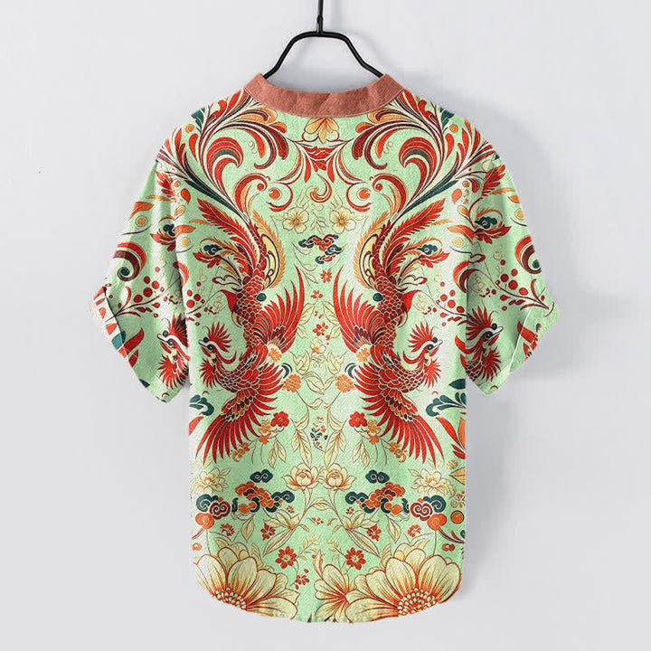 Buddha Stones Cotton Symmetrical Phoenix Floral Pattern Men's Short Sleeve Half Button Shirt - image 6