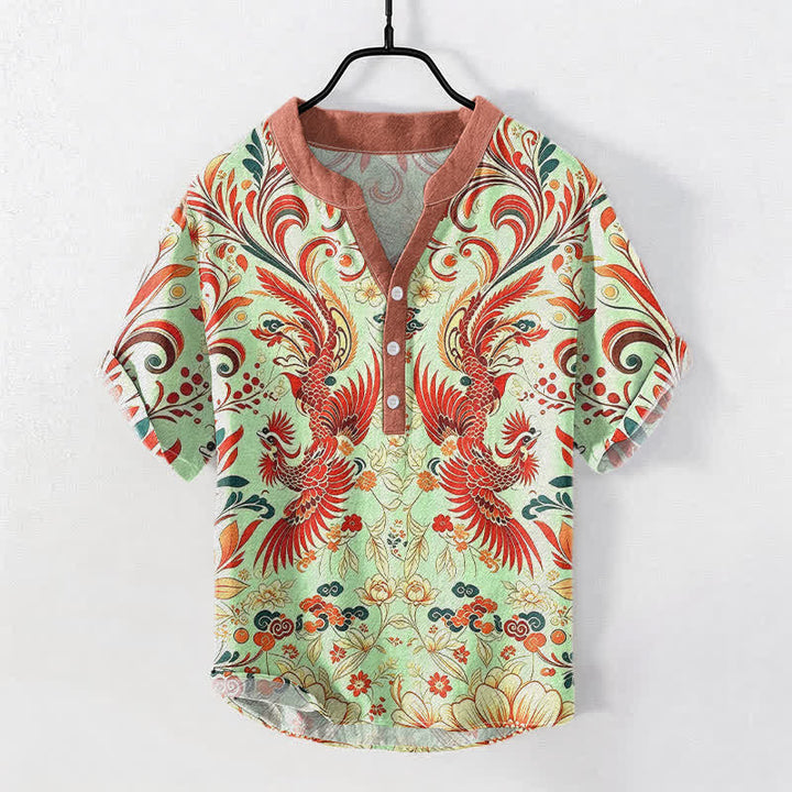 Buddha Stones Cotton Symmetrical Phoenix Floral Pattern Men's Short Sleeve Half Button Shirt - MintCream - US/UK/AU50，EU60 (5XL) - image 5
