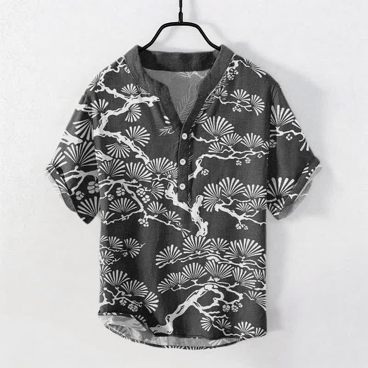 Buddha Stones Cotton White Pine Needle Botanical Pattern Men's Short Sleeve Half Button Shirt - Black - US/UK/AU50，EU60 (5XL) - image 0