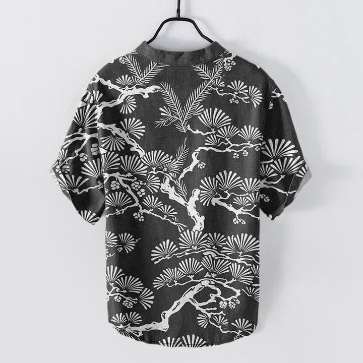 Buddha Stones Cotton White Pine Needle Botanical Pattern Men's Short Sleeve Half Button Shirt - image 1