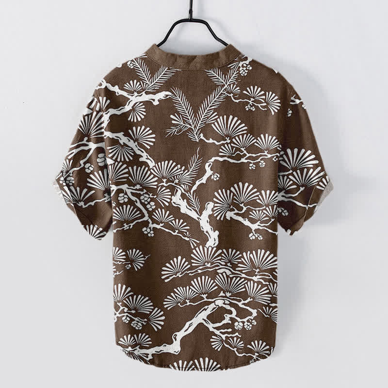 Buddha Stones Cotton White Pine Needle Botanical Pattern Men's Short Sleeve Half Button Shirt - image 6