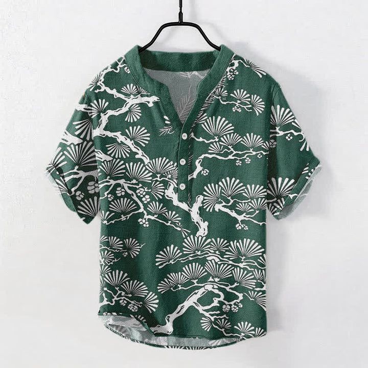 Buddha Stones Cotton White Pine Needle Botanical Pattern Men's Short Sleeve Half Button Shirt - SeaGreen - US/UK/AU50，EU60 (5XL) - image 7