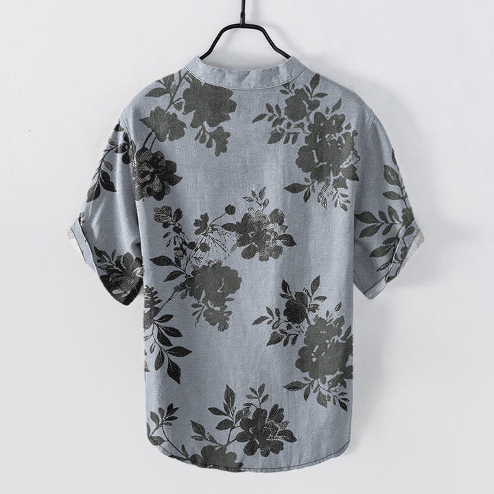 Buddha Stones Cotton Oversized Charcoal Floral Pattern Men's Short Sleeve Half Button Shirt - image 6