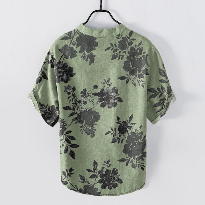 Buddha Stones Cotton Oversized Charcoal Floral Pattern Men's Short Sleeve Half Button Shirt - image 8
