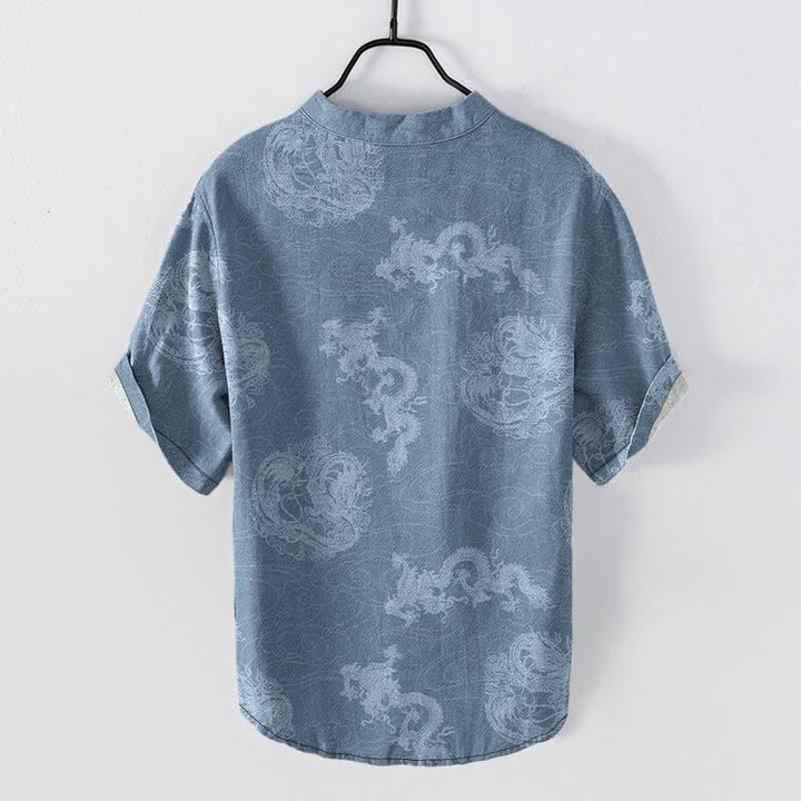 Buddha Stones Cotton Faded Indigo Dragon Pattern Men's Short Sleeve Half Button Shirt - image 1