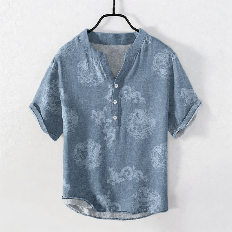 Buddha Stones Cotton Faded Indigo Dragon Pattern Men's Short Sleeve Half Button Shirt - SteelBlue - US/UK/AU50，EU60 (5XL) - image 0